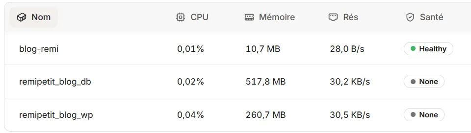Consommation des conteneurs : blog-remi 10,7 Mo, base de données 517,8 Mo, WordPress 260,7 Mo